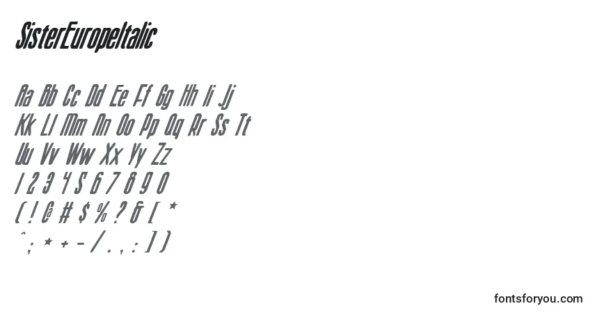Czcionka SisterEuropeItalic – alfabet, cyfry, specjalne znaki