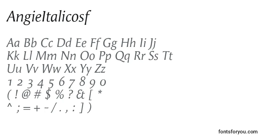 Schriftart AngieItalicosf – Alphabet, Zahlen, spezielle Symbole