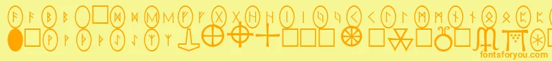 PiRhoRunestonesフォントについての詳細 フォントPiRhoRunestones – オレンジの文字が黄色の背景にあります。