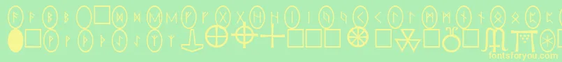 Saiba mais sobre a fonte PiRhoRunestones Fonte PiRhoRunestones – fontes amarelas em um fundo verde