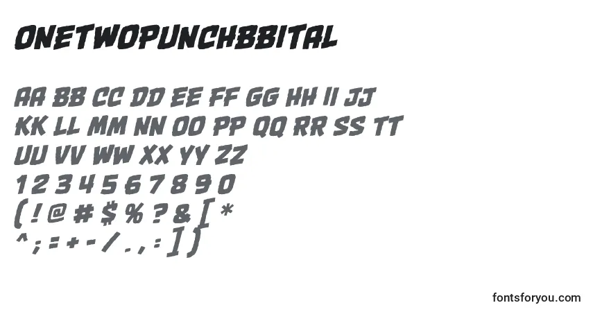 Czcionka OnetwopunchbbItal – alfabet, cyfry, specjalne znaki