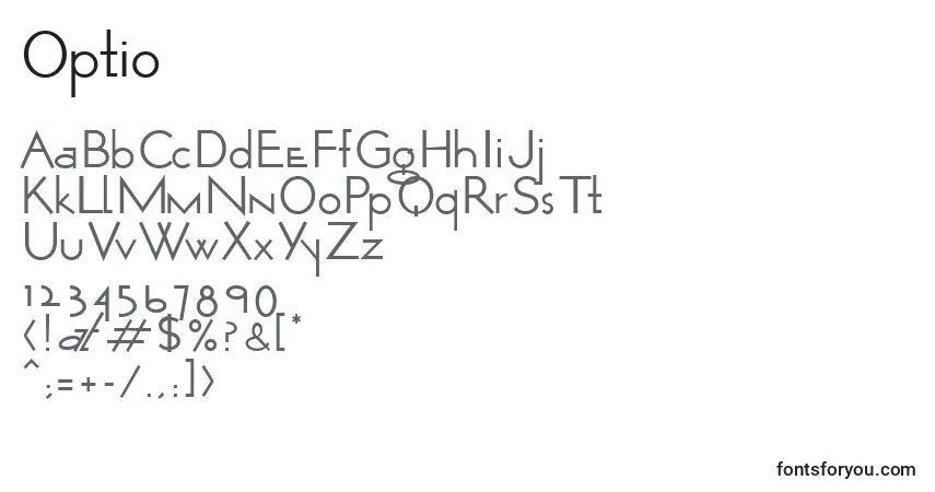 Czcionka Optio – alfabet, cyfry, specjalne znaki