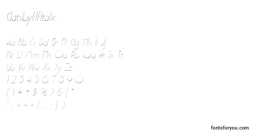 Schriftart GatsbyflfItalic – Alphabet, Zahlen, spezielle Symbole