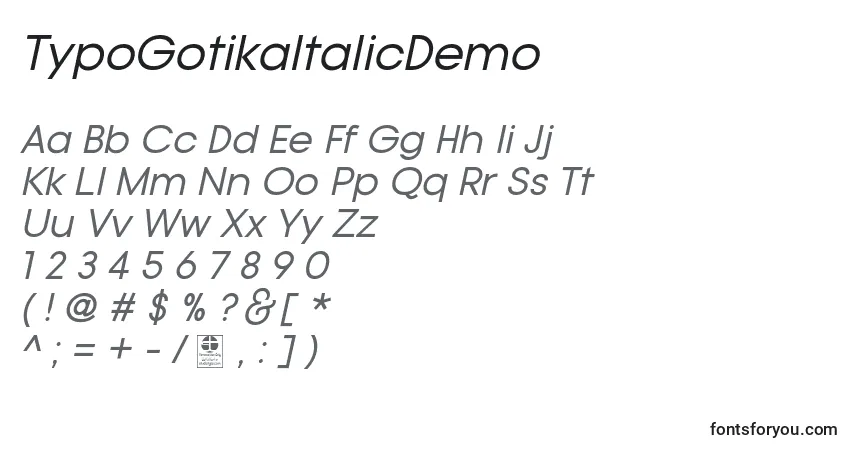 Schriftart TypoGotikaItalicDemo – Alphabet, Zahlen, spezielle Symbole