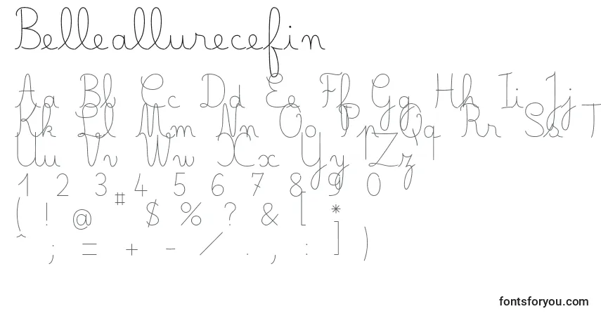 Czcionka Belleallurecefin – alfabet, cyfry, specjalne znaki