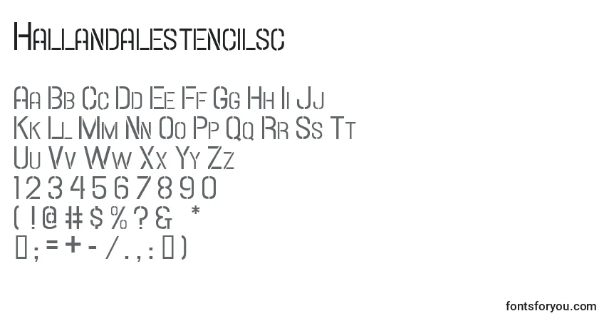 Czcionka Hallandalestencilsc – alfabet, cyfry, specjalne znaki