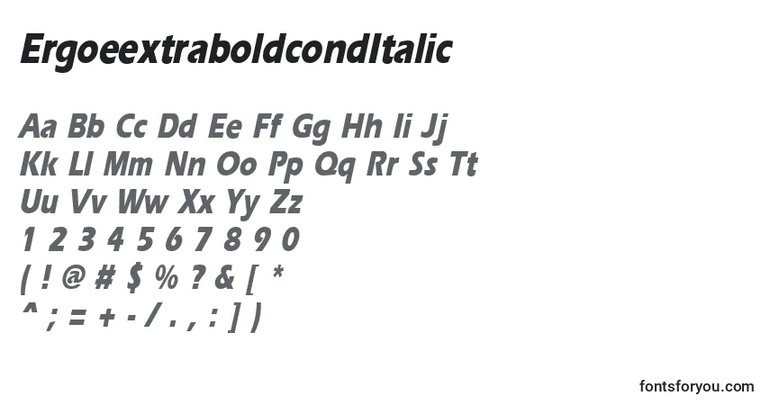 A fonte ErgoeextraboldcondItalic – alfabeto, números, caracteres especiais