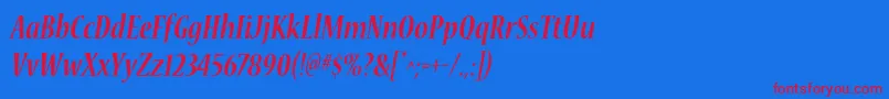 NuevastdBoldconditalic-Schriftart – Rote Schriften auf blauem Hintergrund