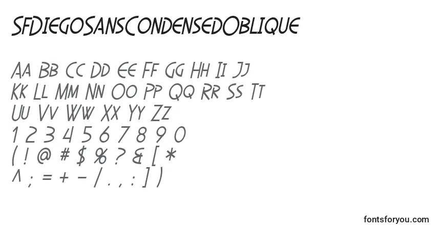 A fonte SfDiegoSansCondensedOblique – alfabeto, números, caracteres especiais
