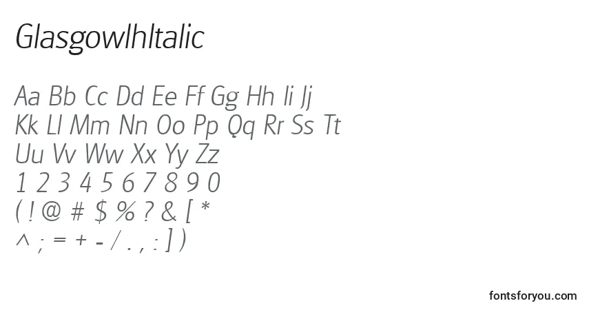 A fonte GlasgowlhItalic – alfabeto, números, caracteres especiais