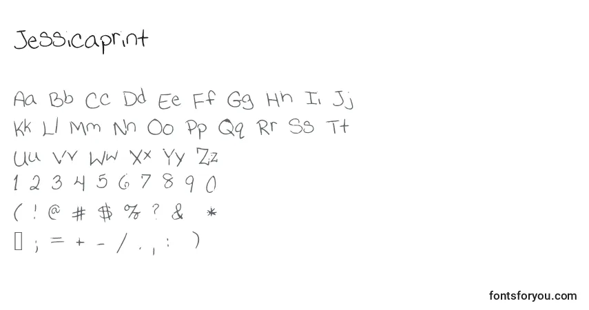 A fonte Jessicaprint – alfabeto, números, caracteres especiais