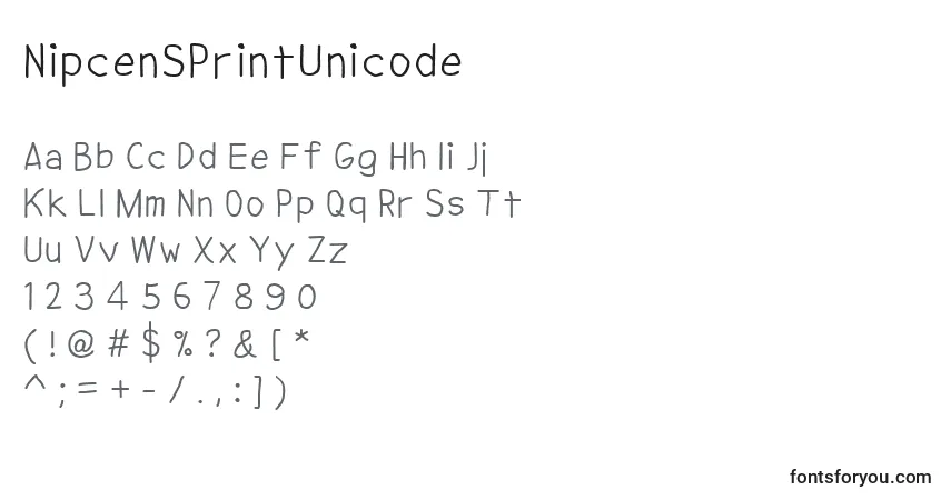 Czcionka NipcenSPrintUnicode – alfabet, cyfry, specjalne znaki