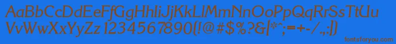 フォントKorinthserialItalic – 茶色の文字が青い背景にあります。