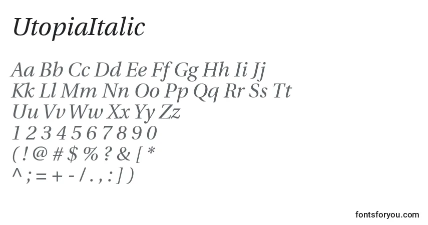 Шрифт UtopiaItalic – алфавит, цифры, специальные символы