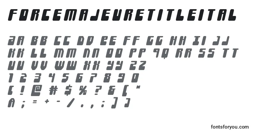 Czcionka Forcemajeuretitleital – alfabet, cyfry, specjalne znaki