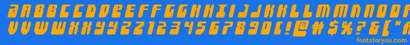 フォントForcemajeuretitleital – オレンジ色の文字が青い背景にあります。