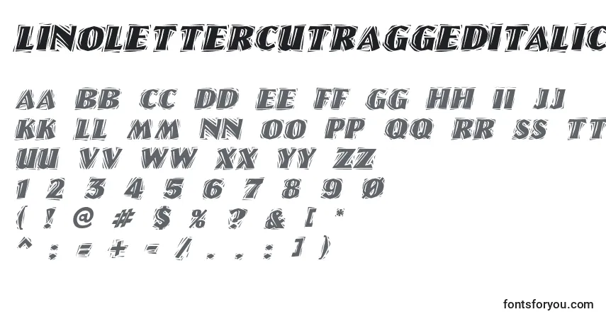 A fonte LinolettercutraggedItalic – alfabeto, números, caracteres especiais