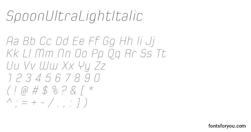Czcionka SpoonUltraLightItalic – alfabet, cyfry, specjalne znaki