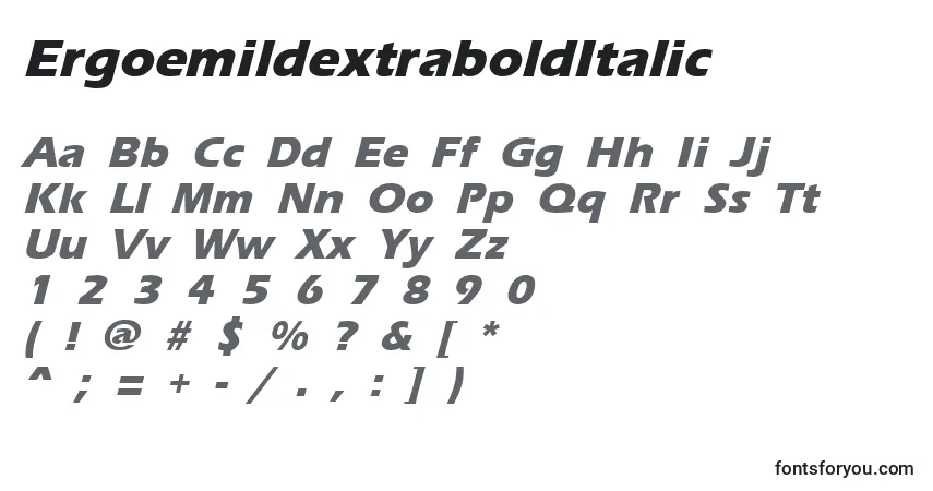 A fonte ErgoemildextraboldItalic – alfabeto, números, caracteres especiais
