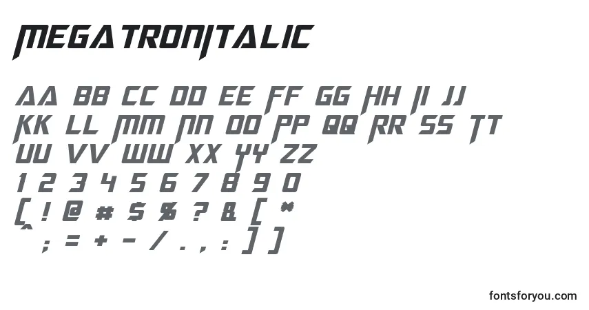 Шрифт MegatronItalic – алфавит, цифры, специальные символы