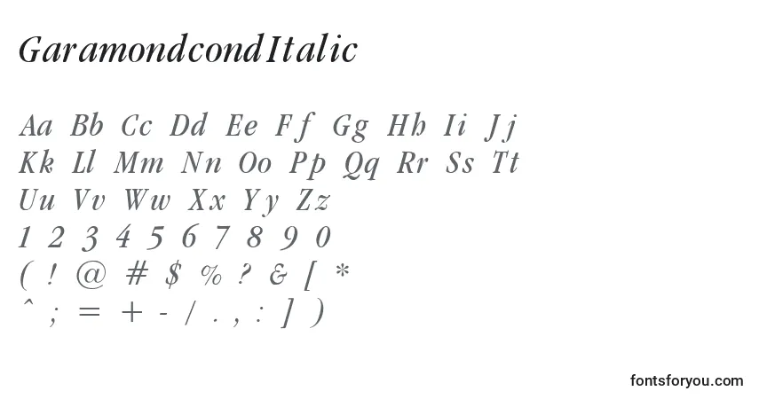 Czcionka GaramondcondItalic – alfabet, cyfry, specjalne znaki