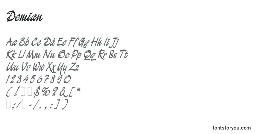 Czcionka Demian – alfabet, cyfry, specjalne znaki
