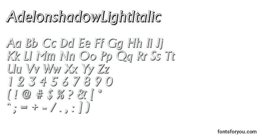 A fonte AdelonshadowLightItalic – alfabeto, números, caracteres especiais