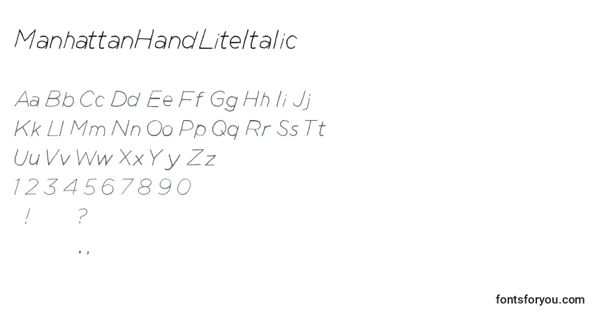 ManhattanHandLiteItalic-fontti – aakkoset, numerot, erikoismerkit