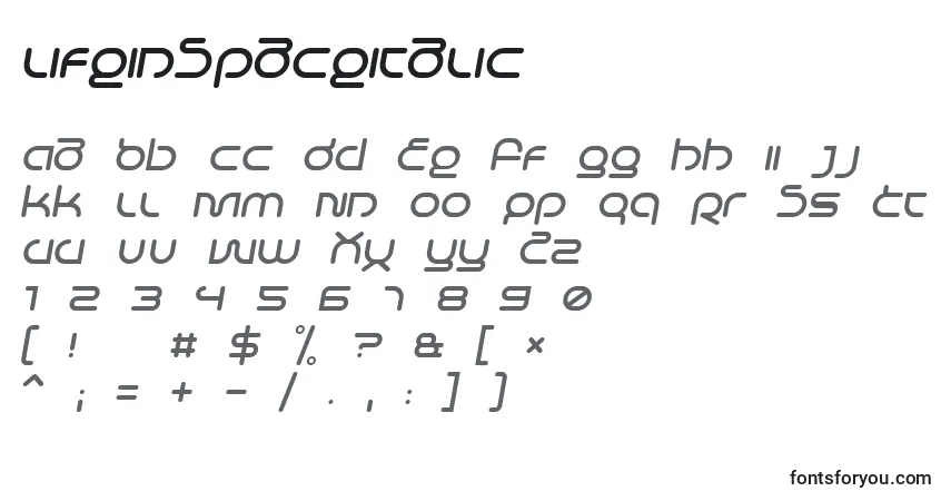 Schriftart LifeInSpaceItalic – Alphabet, Zahlen, spezielle Symbole