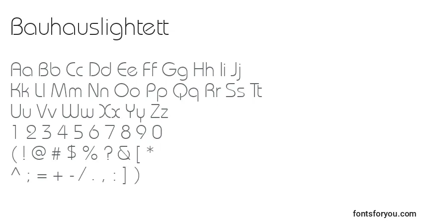 Czcionka Bauhauslightett – alfabet, cyfry, specjalne znaki