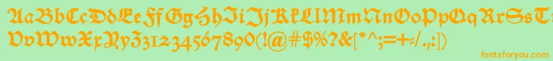 フォントAlteschwabacherosfdemi – オレンジの文字が緑の背景にあります。