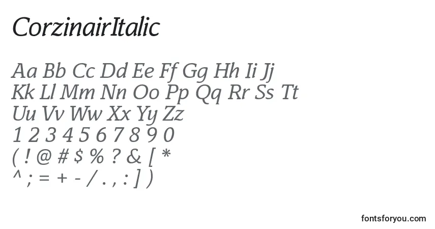 Шрифт CorzinairItalic – алфавит, цифры, специальные символы