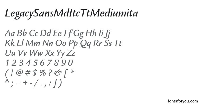 A fonte LegacySansMdItcTtMediumita – alfabeto, números, caracteres especiais