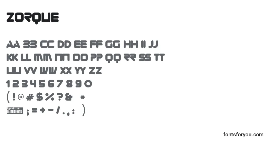 Schriftart Zorque – Alphabet, Zahlen, spezielle Symbole
