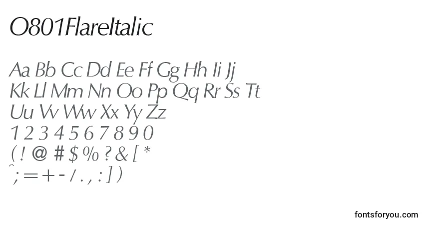 Czcionka O801FlareItalic – alfabet, cyfry, specjalne znaki