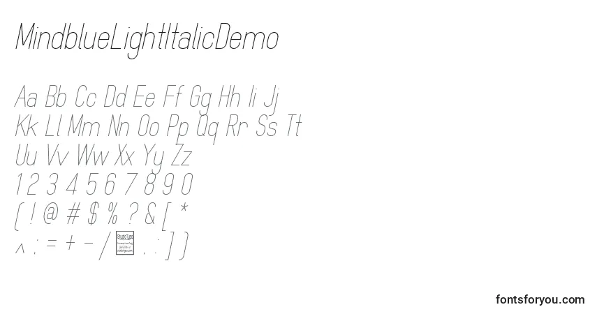 Шрифт MindblueLightItalicDemo – алфавит, цифры, специальные символы