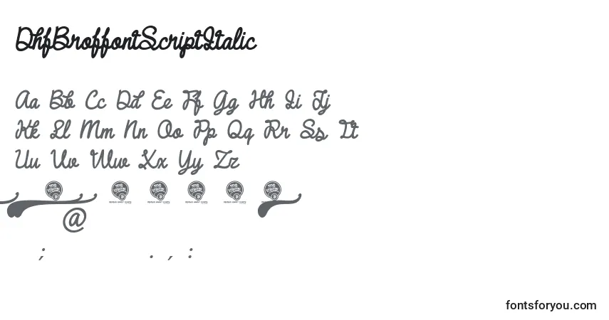 Шрифт DhfBroffontScriptItalic – алфавит, цифры, специальные символы
