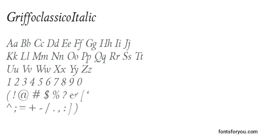 Schriftart GriffoclassicoItalic – Alphabet, Zahlen, spezielle Symbole