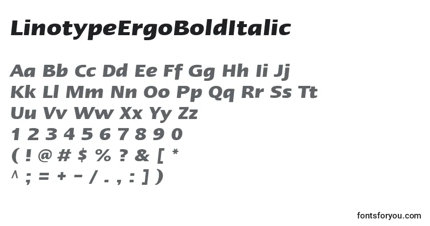 Czcionka LinotypeErgoBoldItalic – alfabet, cyfry, specjalne znaki