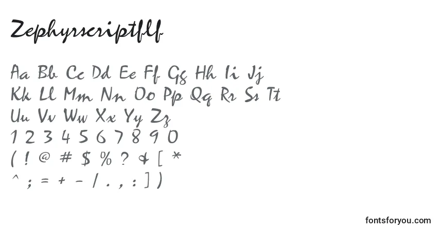 A fonte Zephyrscriptflf – alfabeto, números, caracteres especiais