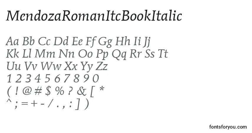 MendozaRomanItcBookItalicフォント–アルファベット、数字、特殊文字