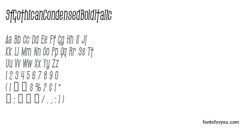 Czcionka SfGothicanCondensedBoldItalic – alfabet, cyfry, specjalne znaki