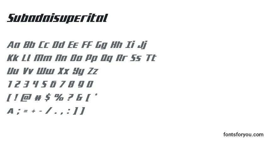 Czcionka Subadaisuperital – alfabet, cyfry, specjalne znaki