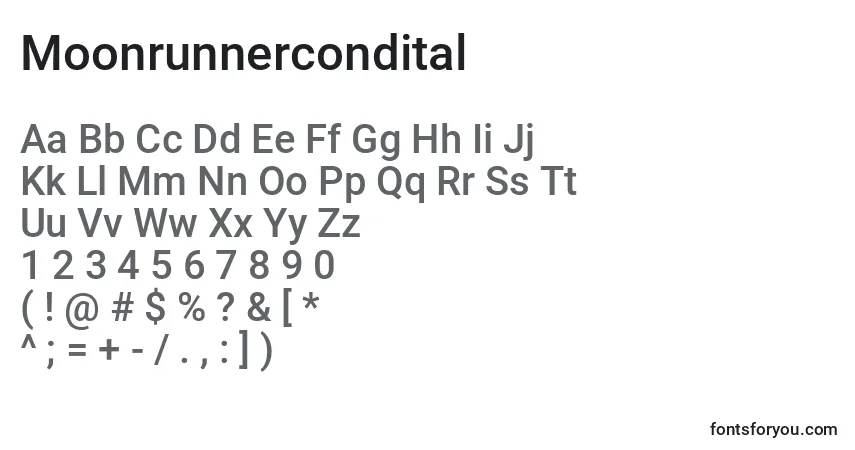 Schriftart Moonrunnercondital – Alphabet, Zahlen, spezielle Symbole