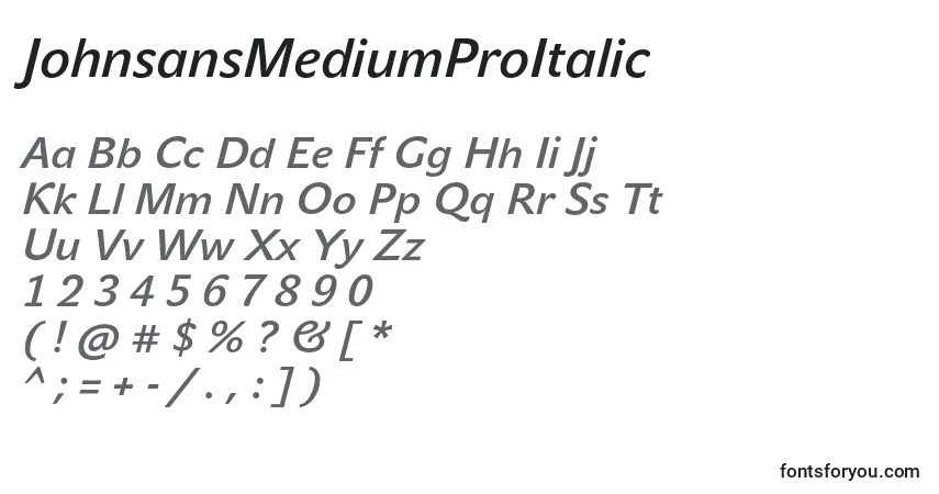 A fonte JohnsansMediumProItalic – alfabeto, números, caracteres especiais