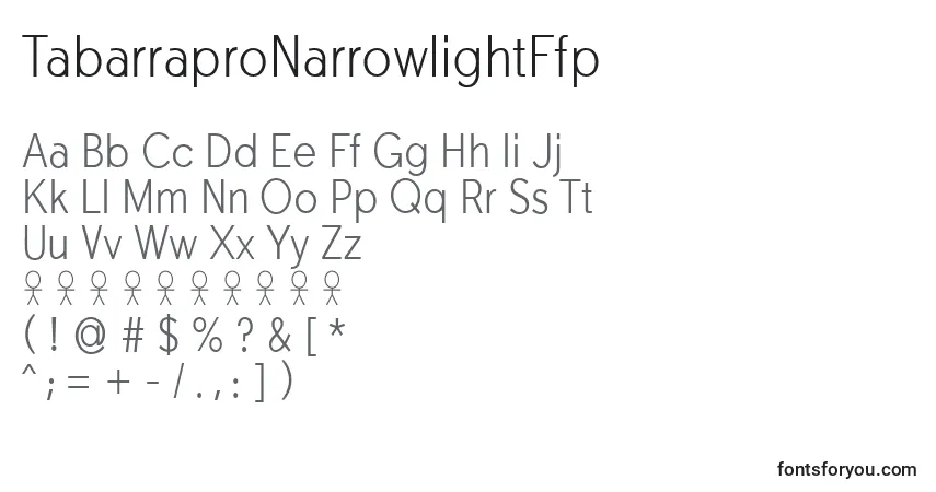 Czcionka TabarraproNarrowlightFfp – alfabet, cyfry, specjalne znaki