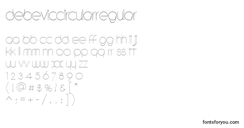 A fonte DebeviccircularRegular – alfabeto, números, caracteres especiais