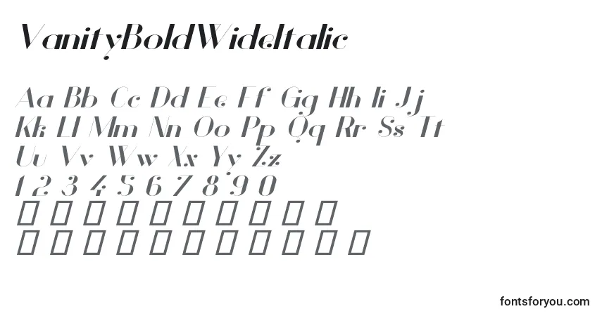 A fonte VanityBoldWideItalic – alfabeto, números, caracteres especiais