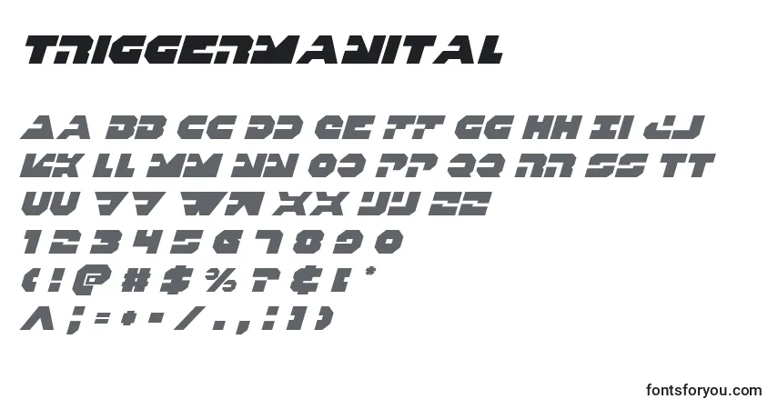 Czcionka Triggermanital – alfabet, cyfry, specjalne znaki