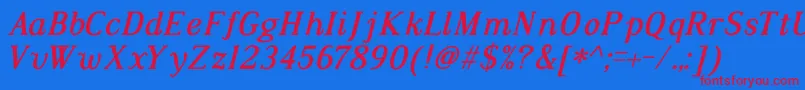 Czcionka DustismoRomanBoldItalic – czerwone czcionki na niebieskim tle
